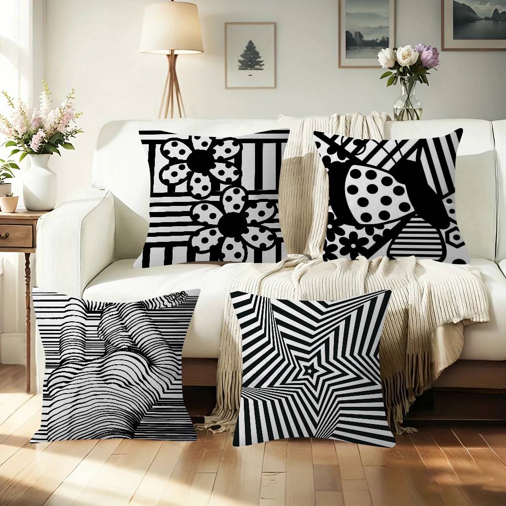 Home Lines Textiles - غطاء وسادة أسود بخطوط تجريدية، غطاء